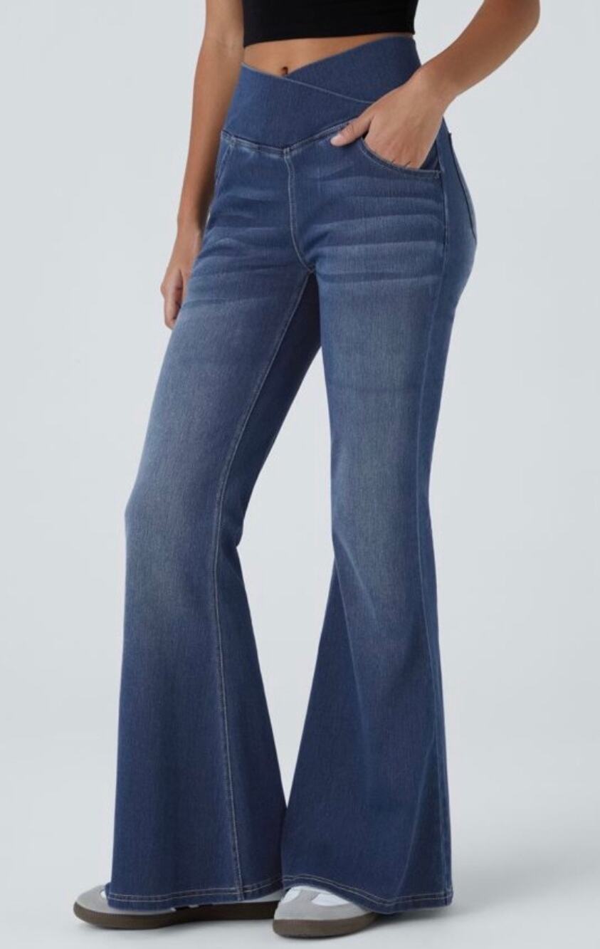Halara Flex High Waisted Crossover Pocket Washed Flare Jeans Size Medium
